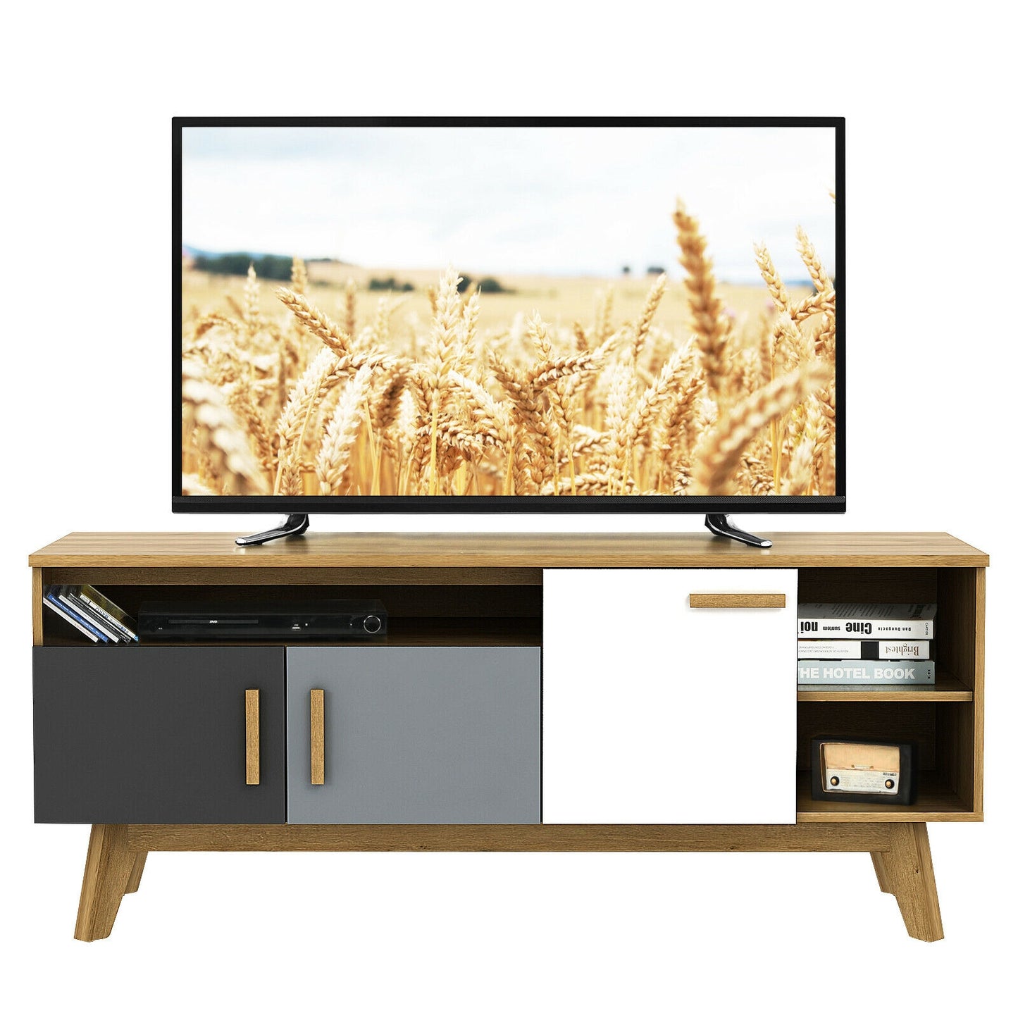 Spacious 65 Inch Media Console with Triple Cabinets and Open Shelving for Living Room Storage