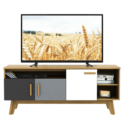Spacious 65 Inch Media Console with Triple Cabinets and Open Shelving for Living Room Storage