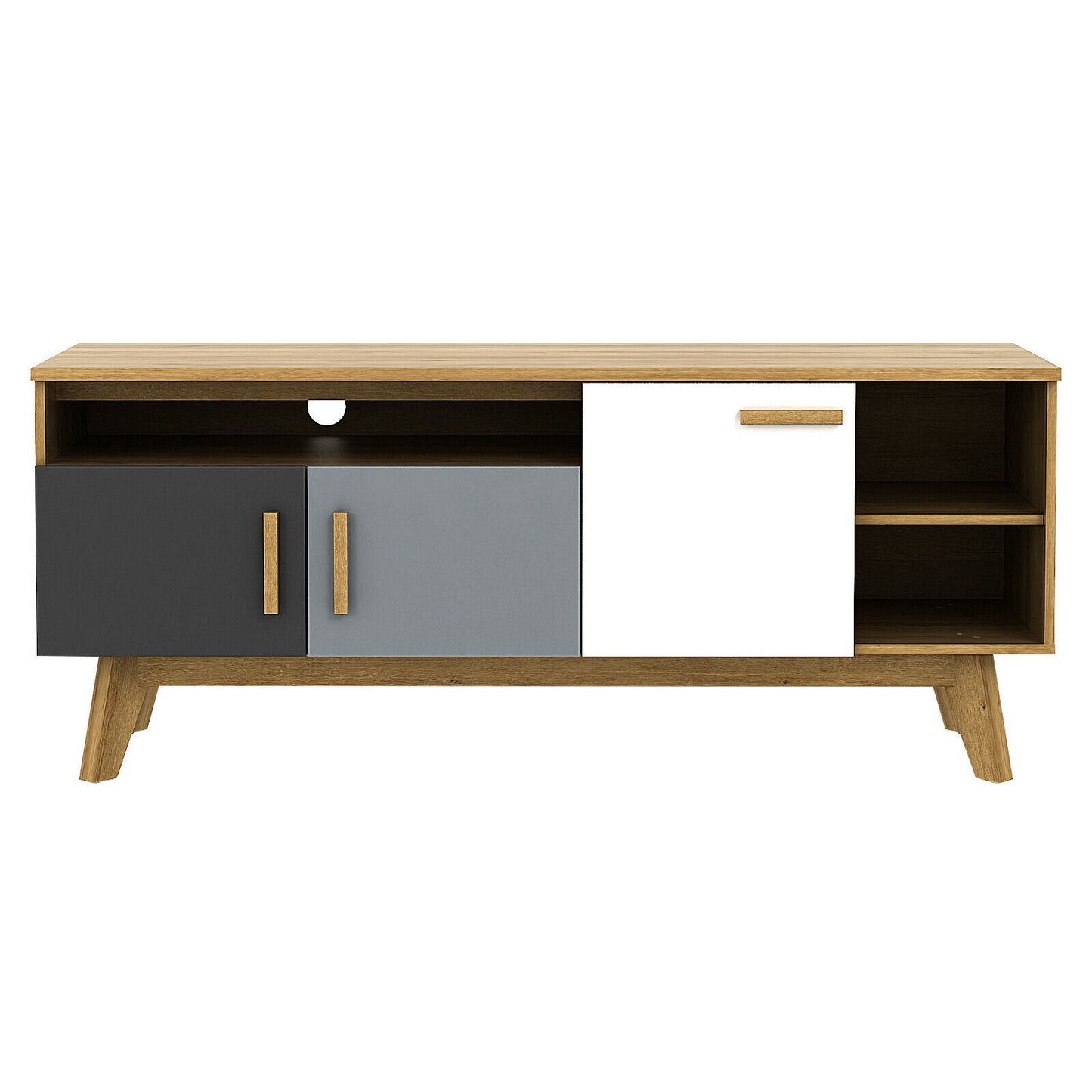 Spacious 65 Inch Media Console with Triple Cabinets and Open Shelving for Living Room Storage