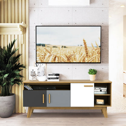 Spacious 65 Inch Media Console with Triple Cabinets and Open Shelving for Living Room Storage