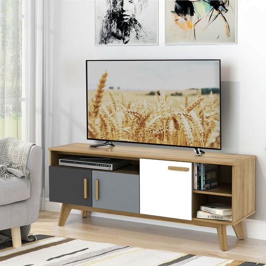 Spacious 65 Inch Media Console with Triple Cabinets and Open Shelving for Living Room Storage