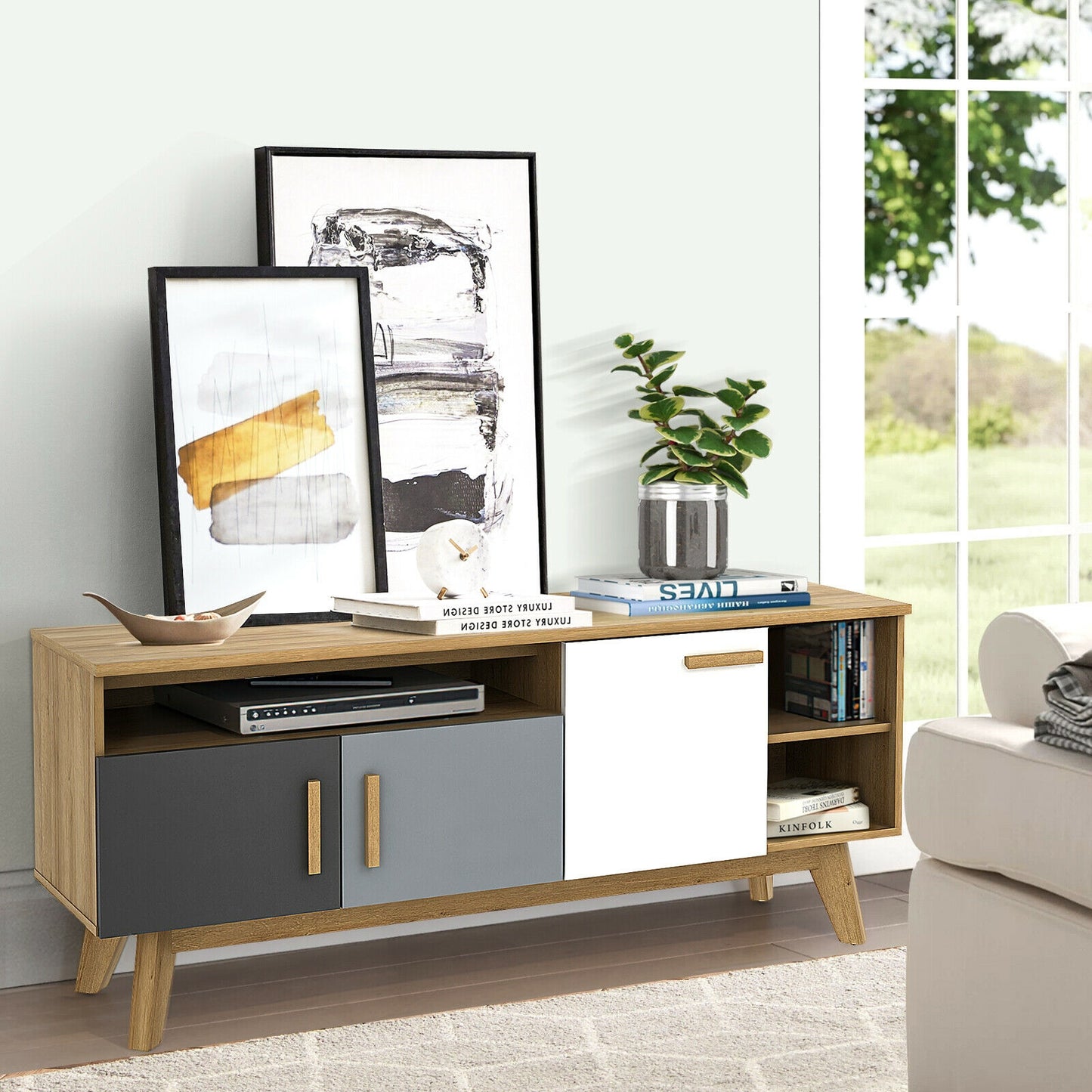 Spacious 65 Inch Media Console with Triple Cabinets and Open Shelving for Living Room Storage