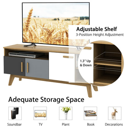 Spacious 65 Inch Media Console with Triple Cabinets and Open Shelving for Living Room Storage