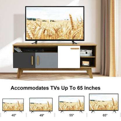 Spacious 65 Inch Media Console with Triple Cabinets and Open Shelving for Living Room Storage
