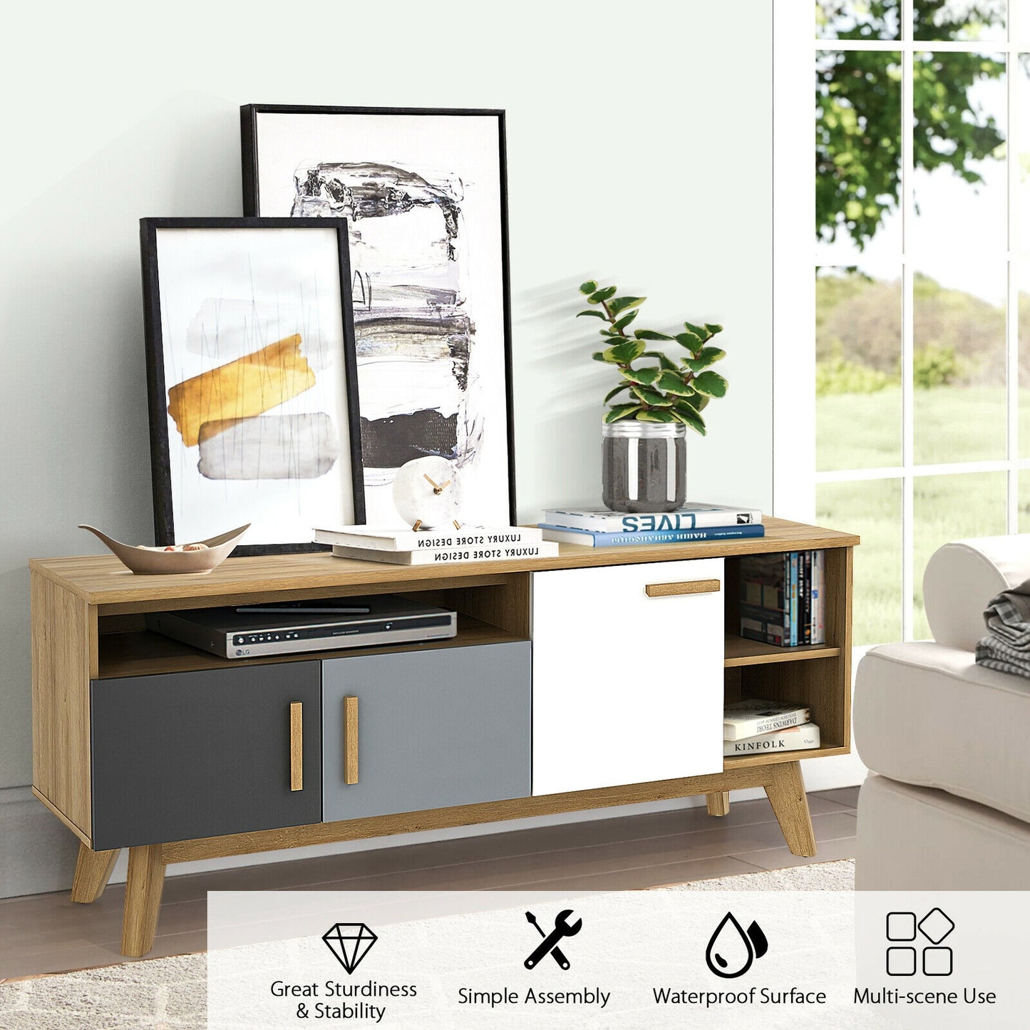 Spacious 65 Inch Media Console with Triple Cabinets and Open Shelving for Living Room Storage