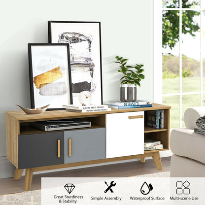 Spacious 65 Inch Media Console with Triple Cabinets and Open Shelving for Living Room Storage