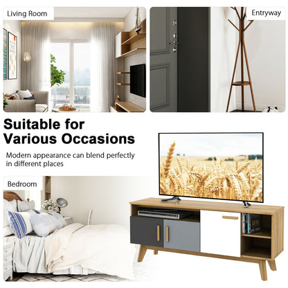 Spacious 65 Inch Media Console with Triple Cabinets and Open Shelving for Living Room Storage