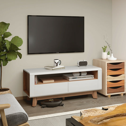 Contemporary Entertainment Console with Open Display and Dual Drawers for 50 Inch TVs