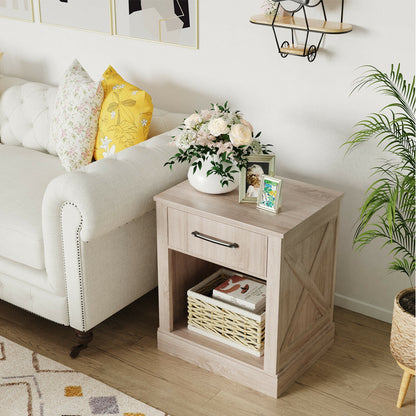 Rustic Wooden Nightstand with Drawer and Open Shelf for Bedroom or Living Room - Natural