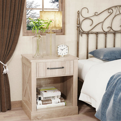 Rustic Wooden Nightstand with Drawer and Open Shelf for Bedroom or Living Room - Natural