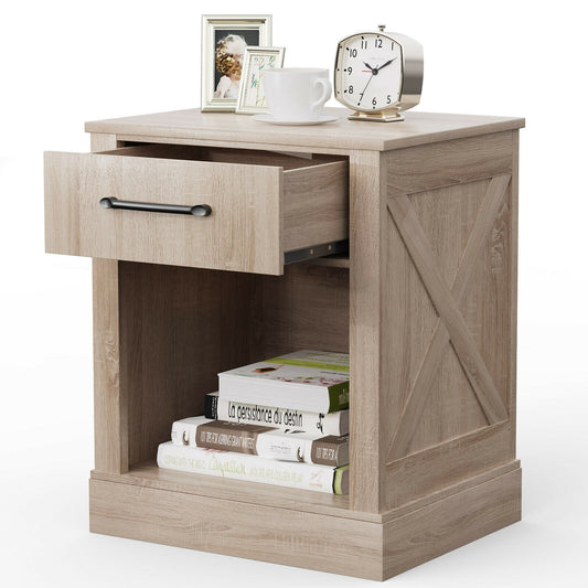 Rustic Wooden Nightstand with Drawer and Open Shelf for Bedroom or Living Room - Natural