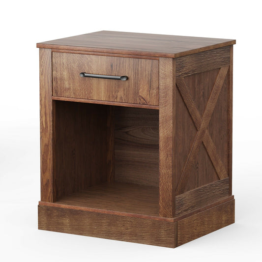 Rustic Wooden Nightstand with Drawer and Open Shelf for Bedroom or Living Room - Brown