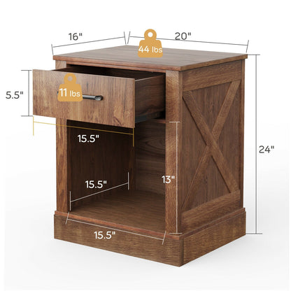 Rustic Wooden Nightstand with Drawer and Open Shelf for Bedroom or Living Room - Brown