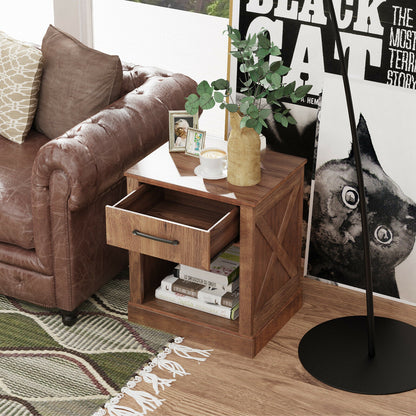 Rustic Wooden Nightstand with Drawer and Open Shelf for Bedroom or Living Room - Brown