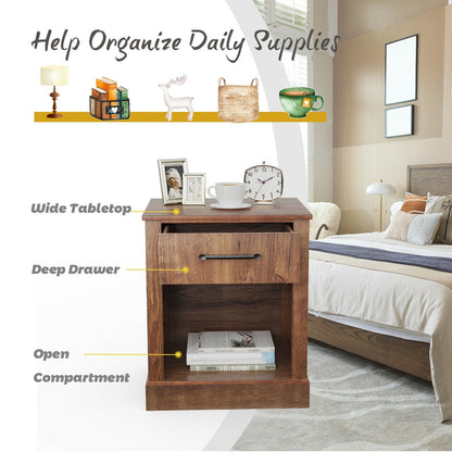 Rustic Wooden Nightstand with Drawer and Open Shelf for Bedroom or Living Room - Brown