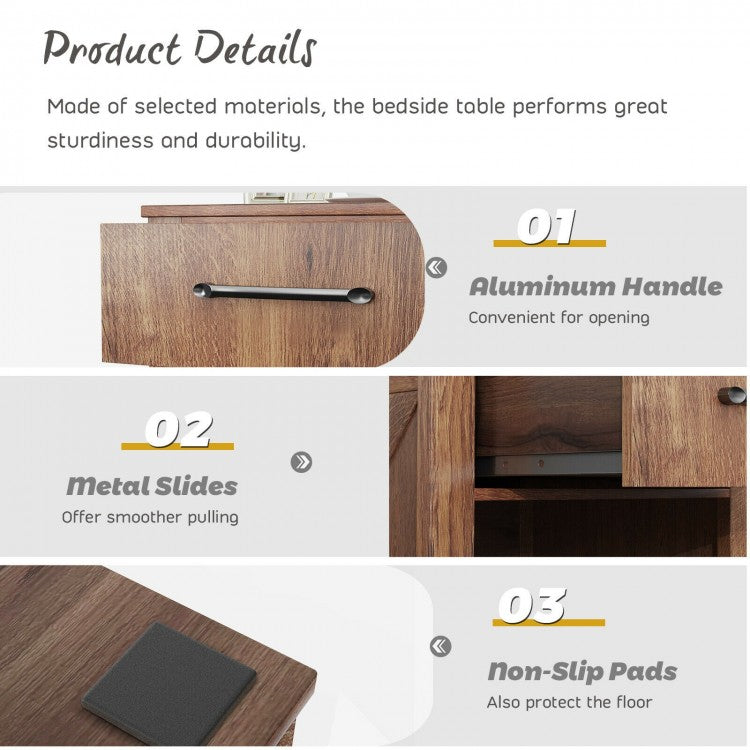 Rustic Wooden Nightstand with Drawer and Open Shelf for Bedroom or Living Room - Brown