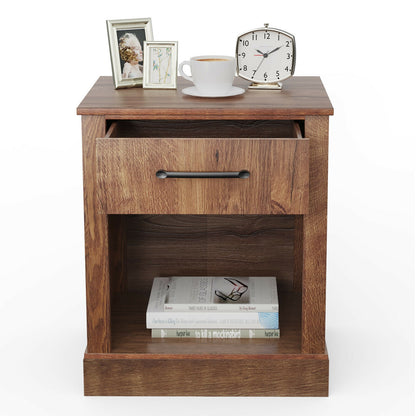 Rustic Wooden Nightstand with Drawer and Open Shelf for Bedroom or Living Room - Brown