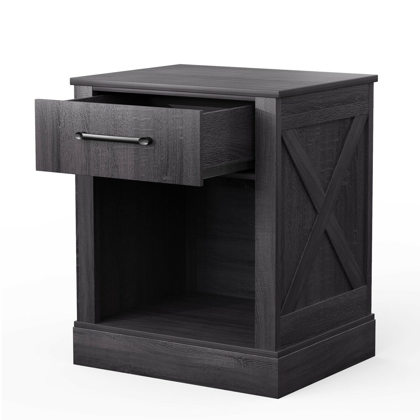 Rustic Wooden Nightstand with Drawer and Open Shelf for Bedroom or Living Room - Black