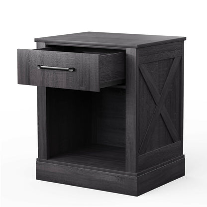 Rustic Wooden Nightstand with Drawer and Open Shelf for Bedroom or Living Room - Black
