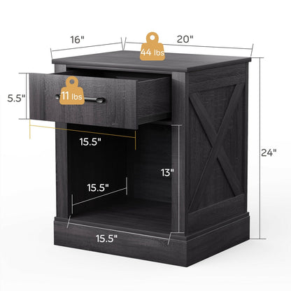 Rustic Wooden Nightstand with Drawer and Open Shelf for Bedroom or Living Room - Black