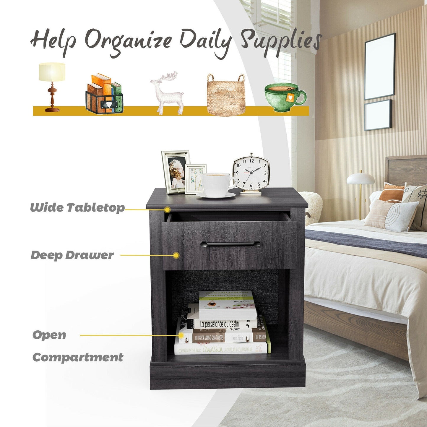 Rustic Wooden Nightstand with Drawer and Open Shelf for Bedroom or Living Room - Black