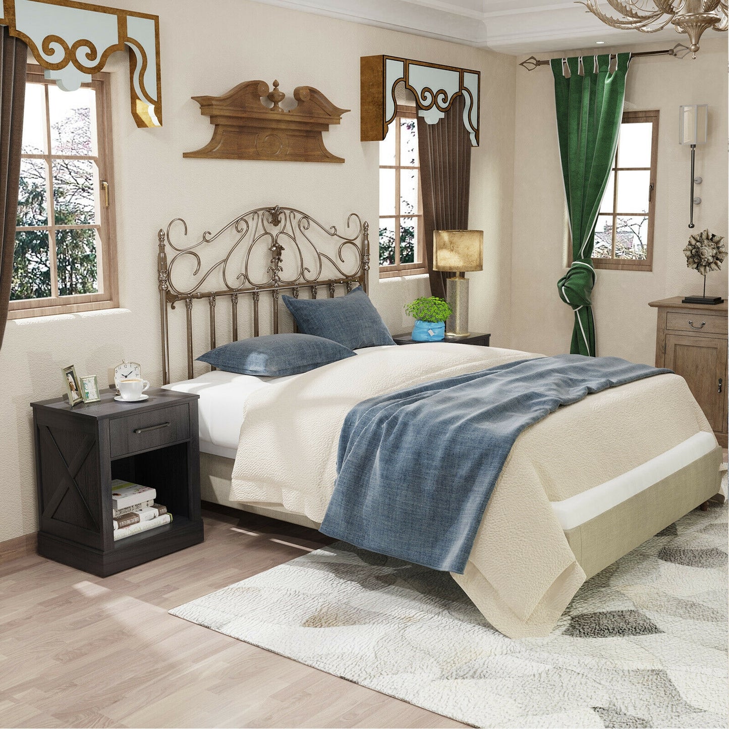 Rustic Wooden Nightstand with Drawer and Open Shelf for Bedroom or Living Room - Black