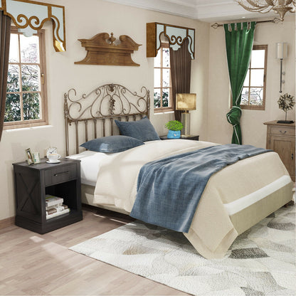 Rustic Wooden Nightstand with Drawer and Open Shelf for Bedroom or Living Room - Black