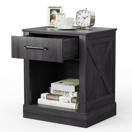 Rustic Wooden Nightstand with Drawer and Open Shelf for Bedroom or Living Room - Black