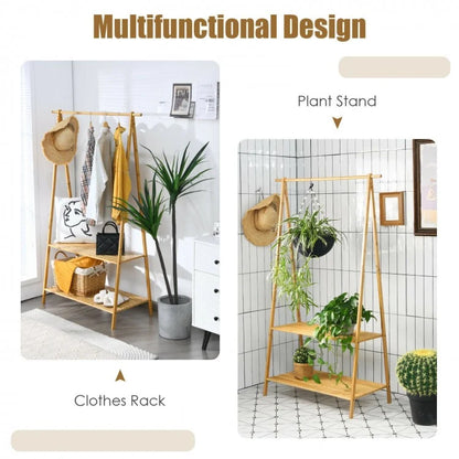 Bamboo Clothes Rack with Hanging Rod and 2-Tier Storage Shelves for Entryway or Bedroom