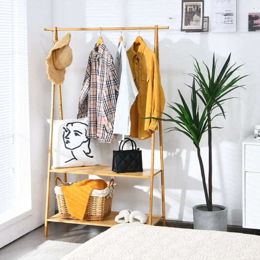 Bamboo Clothes Rack with Hanging Rod and 2-Tier Storage Shelves for Entryway or Bedroom