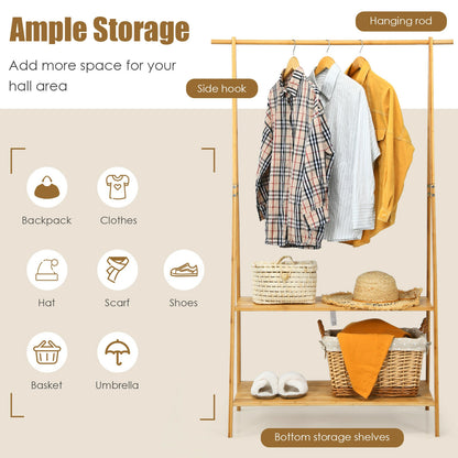 Bamboo Clothes Rack with Hanging Rod and 2-Tier Storage Shelves for Entryway or Bedroom