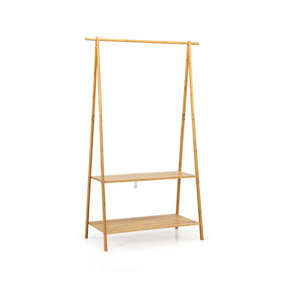 Bamboo Clothes Rack with Hanging Rod and 2-Tier Storage Shelves for Entryway or Bedroom