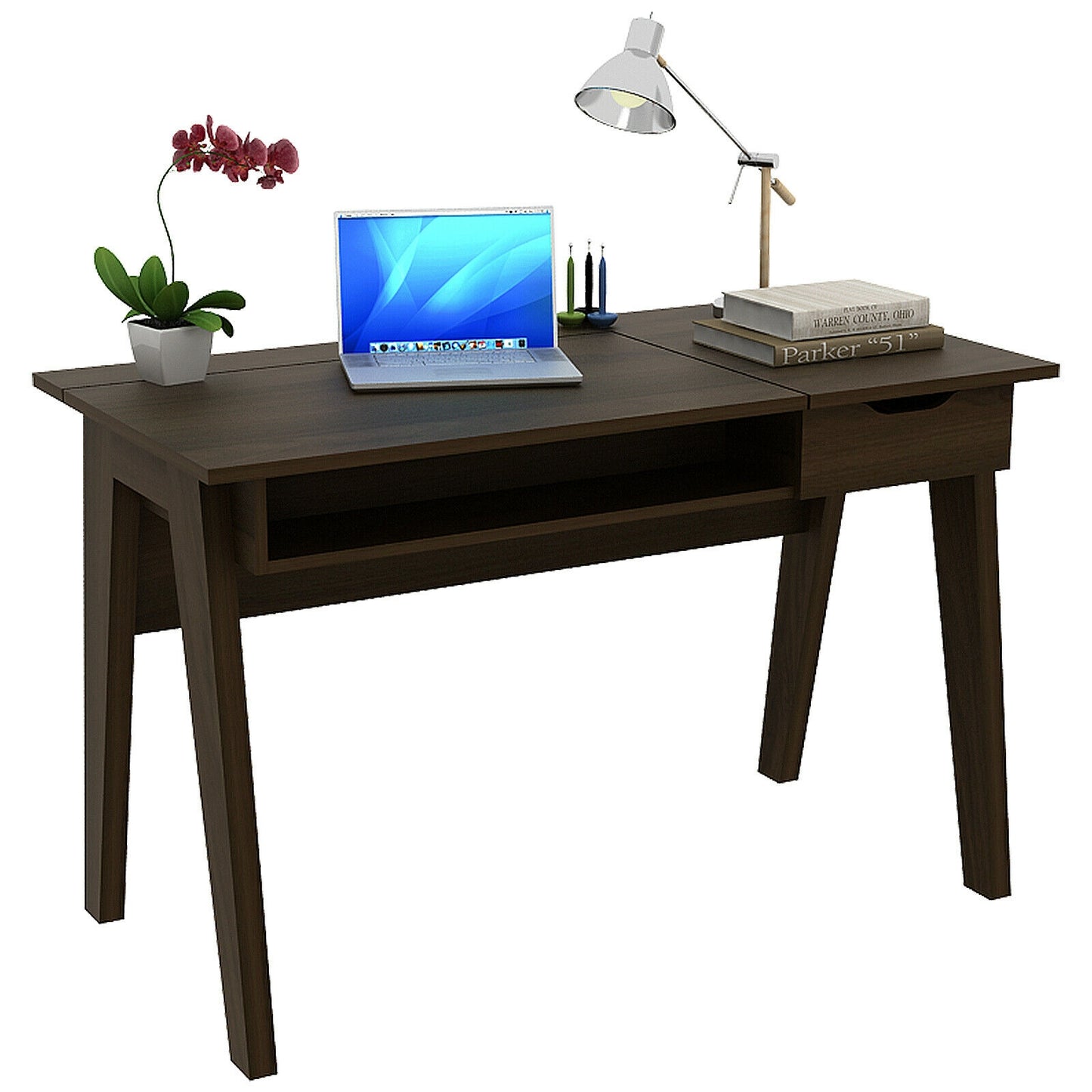 Flip-Top Vanity Table with Mirror, Drawer, and Concealed Storage Spaces