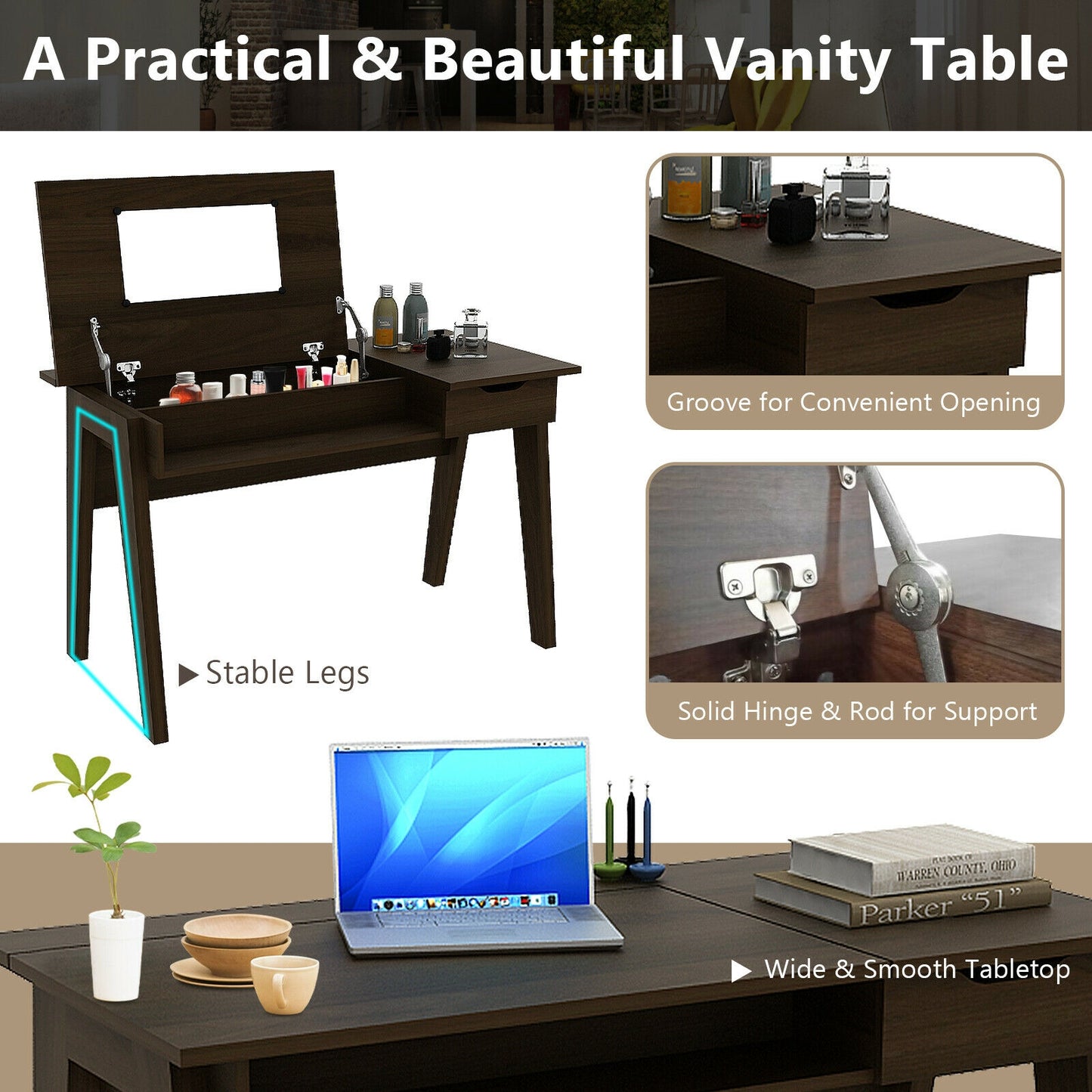 Flip-Top Vanity Table with Mirror, Drawer, and Concealed Storage Spaces