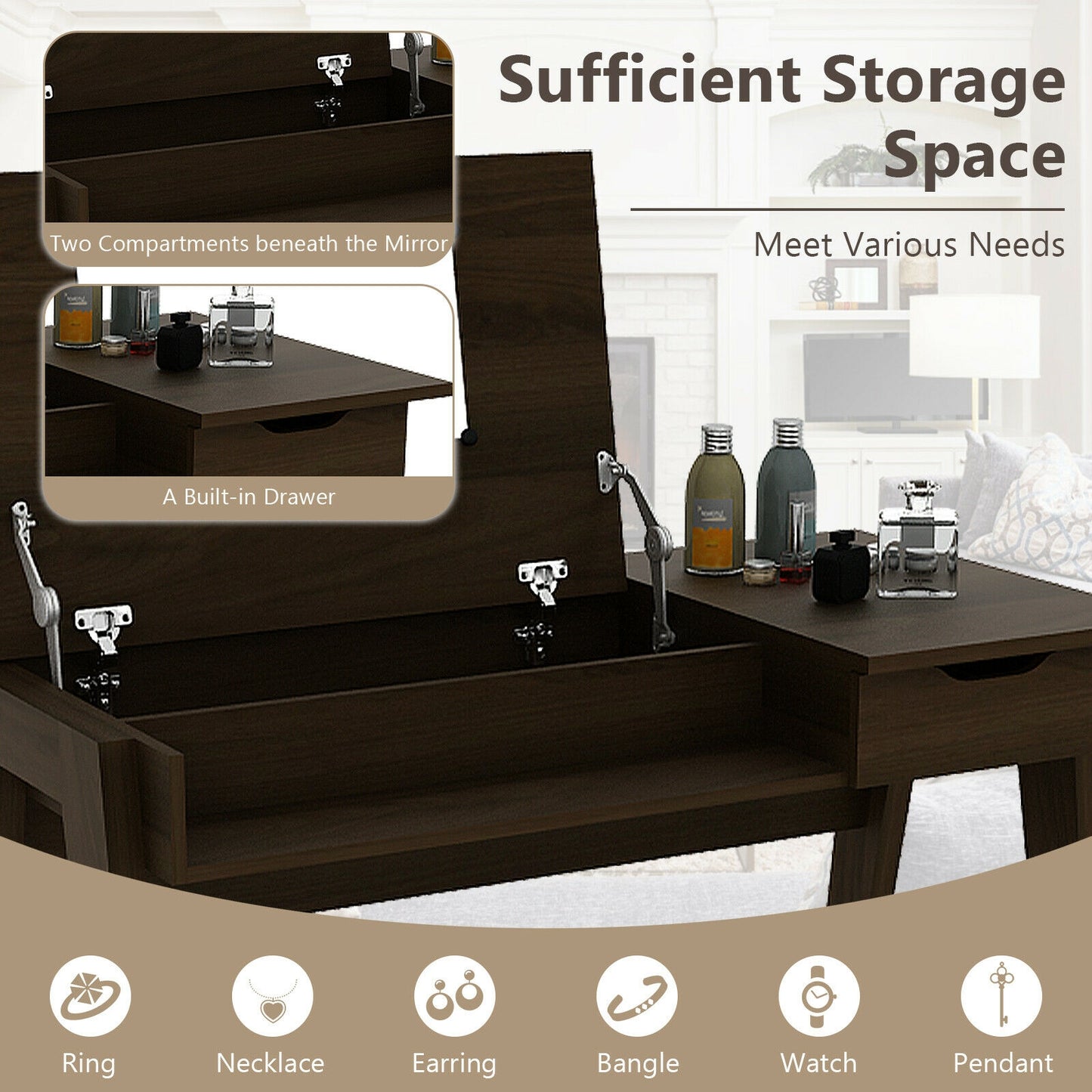 Flip-Top Vanity Table with Mirror, Drawer, and Concealed Storage Spaces