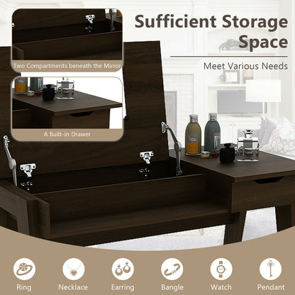 Flip-Top Vanity Table with Mirror, Drawer, and Concealed Storage Spaces