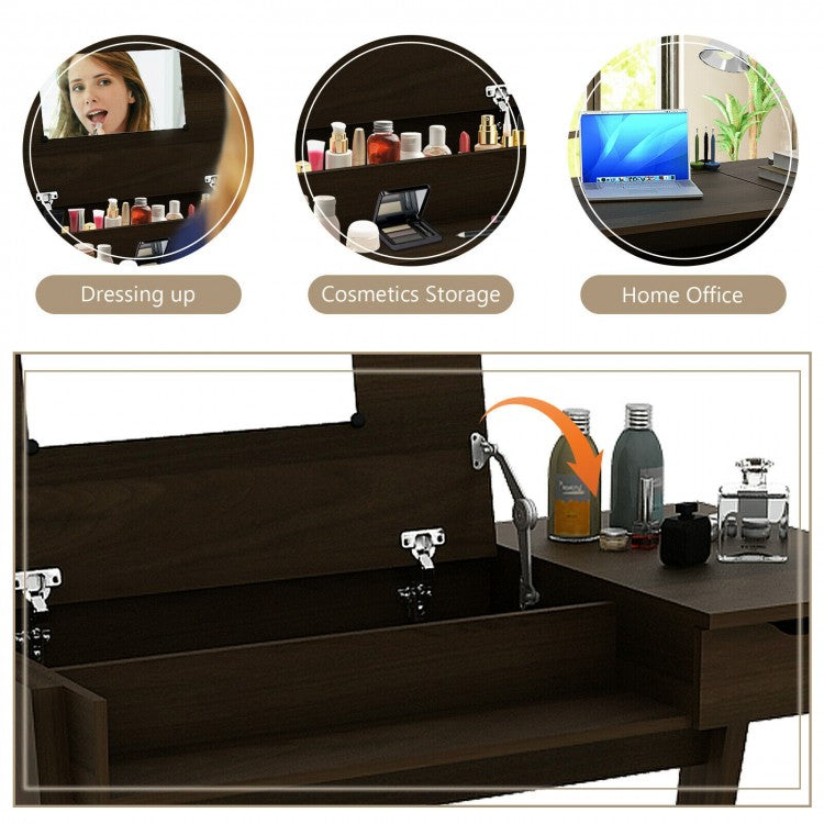 Flip-Top Vanity Table with Mirror, Drawer, and Concealed Storage Spaces