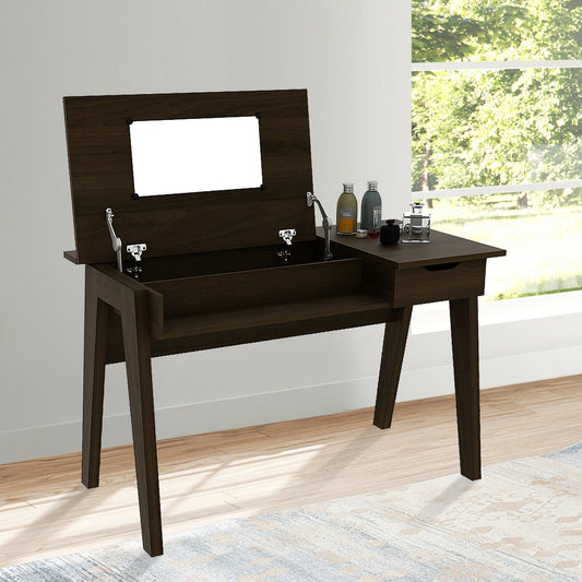 Flip-Top Vanity Table with Mirror, Drawer, and Concealed Storage Spaces