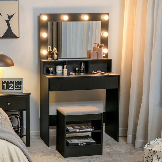 Lighted Vanity Table Set with 24" LED Mirror, Storage Drawer, and Cushioned Stool