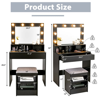 Lighted Vanity Table Set with 24" LED Mirror, Storage Drawer, and Cushioned Stool