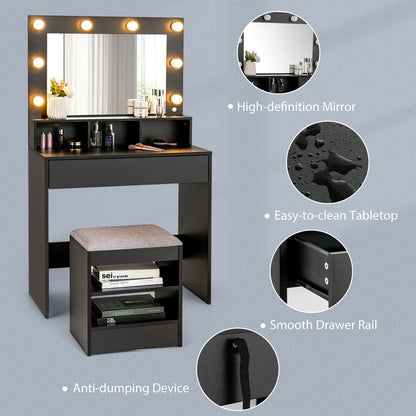 Lighted Vanity Table Set with 24" LED Mirror, Storage Drawer, and Cushioned Stool