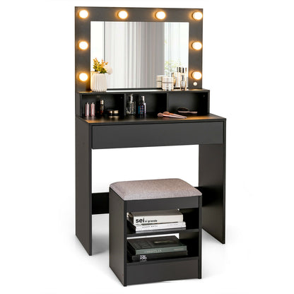 Lighted Vanity Table Set with 24" LED Mirror, Storage Drawer, and Cushioned Stool