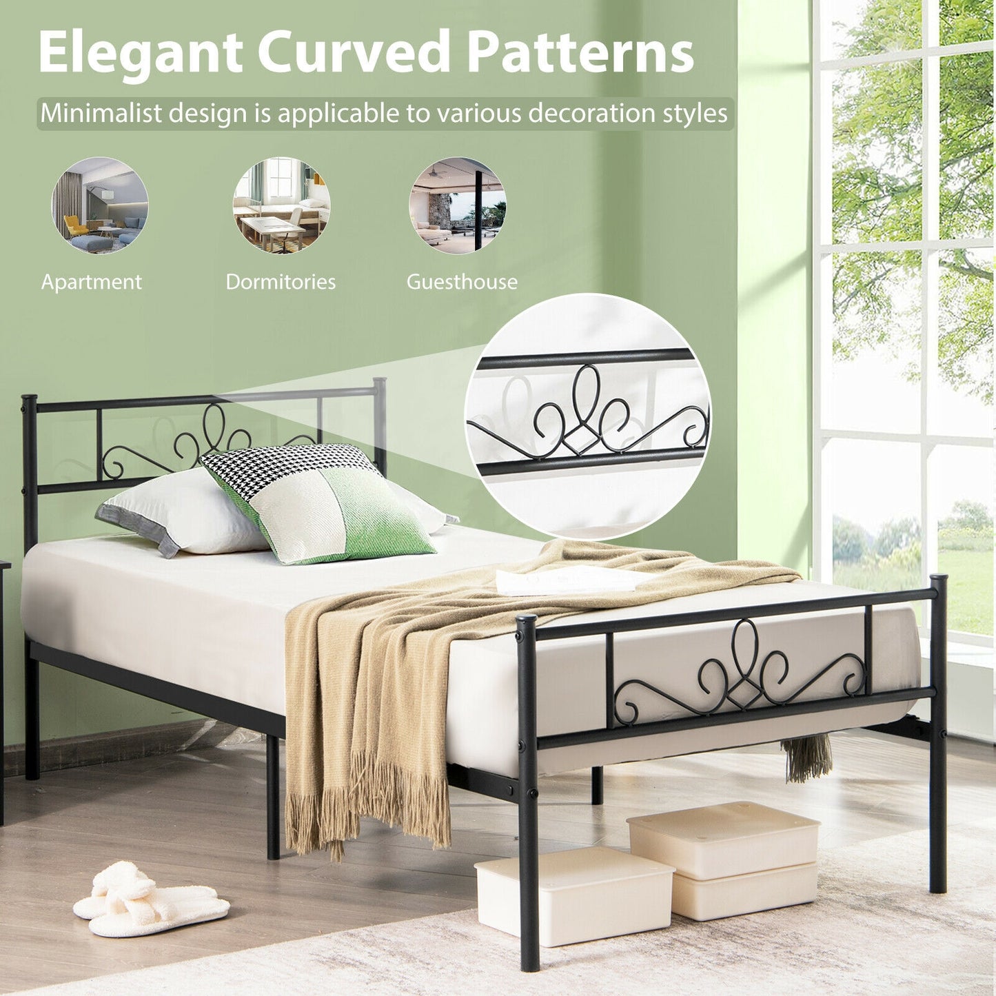 Sturdy Metal Bed Frame with Headboard and Footboard - Twin Size
