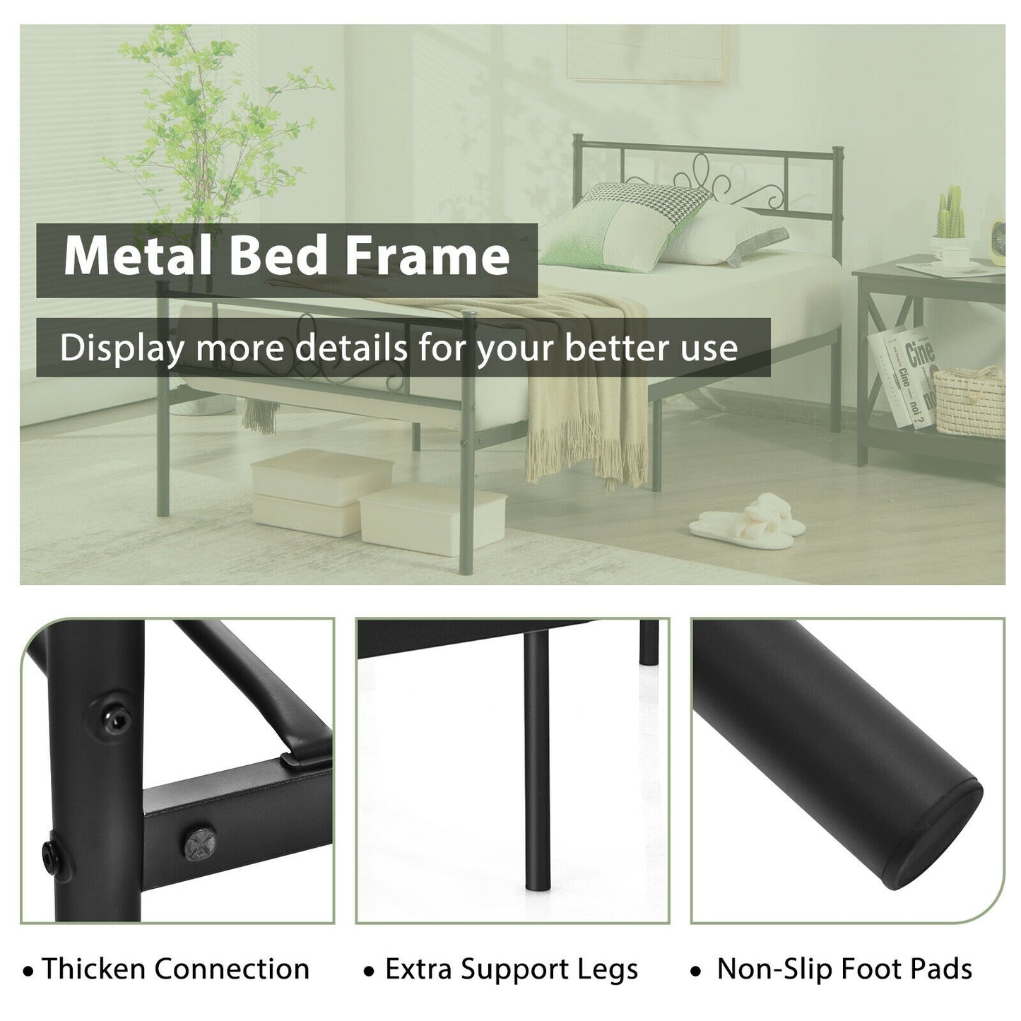 Sturdy Metal Bed Frame with Headboard and Footboard - Twin Size