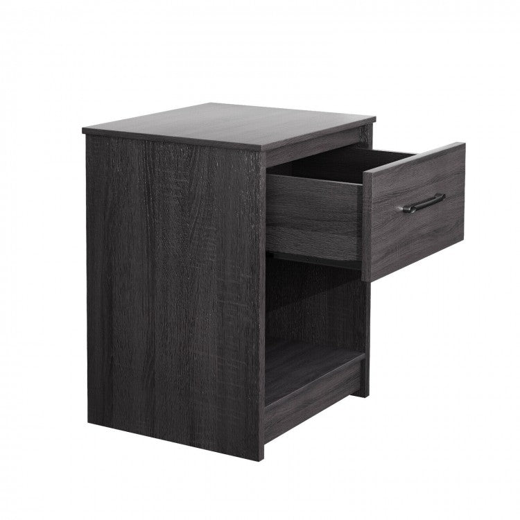 Wooden Nightstand with Drawer and Open Storage Shelf in Black Finish