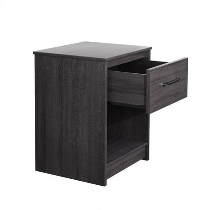 Wooden Nightstand with Drawer and Open Storage Shelf in Black Finish