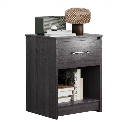 Wooden Nightstand with Drawer and Open Storage Shelf in Black Finish