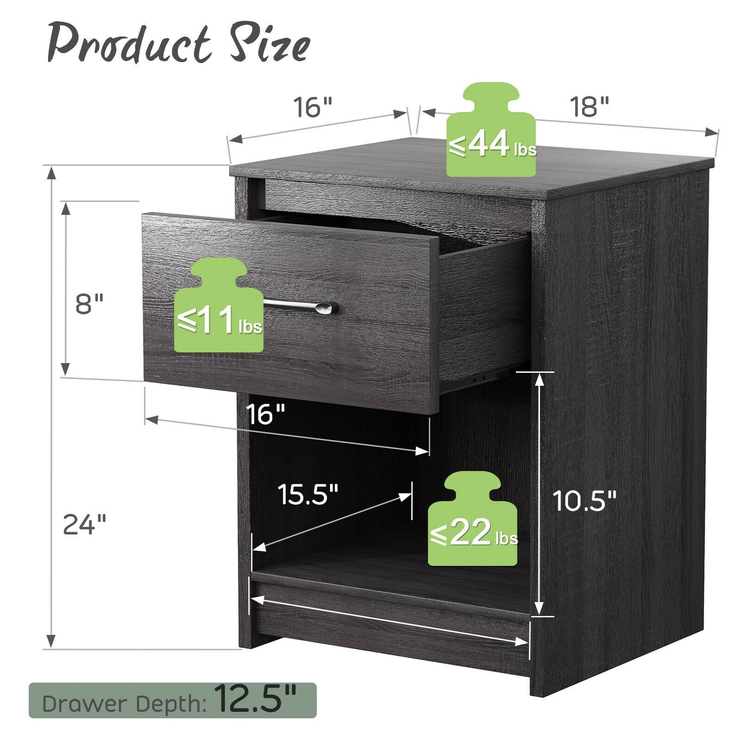 Wooden Nightstand with Drawer and Open Storage Shelf in Black Finish