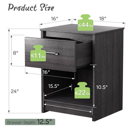 Wooden Nightstand with Drawer and Open Storage Shelf in Black Finish