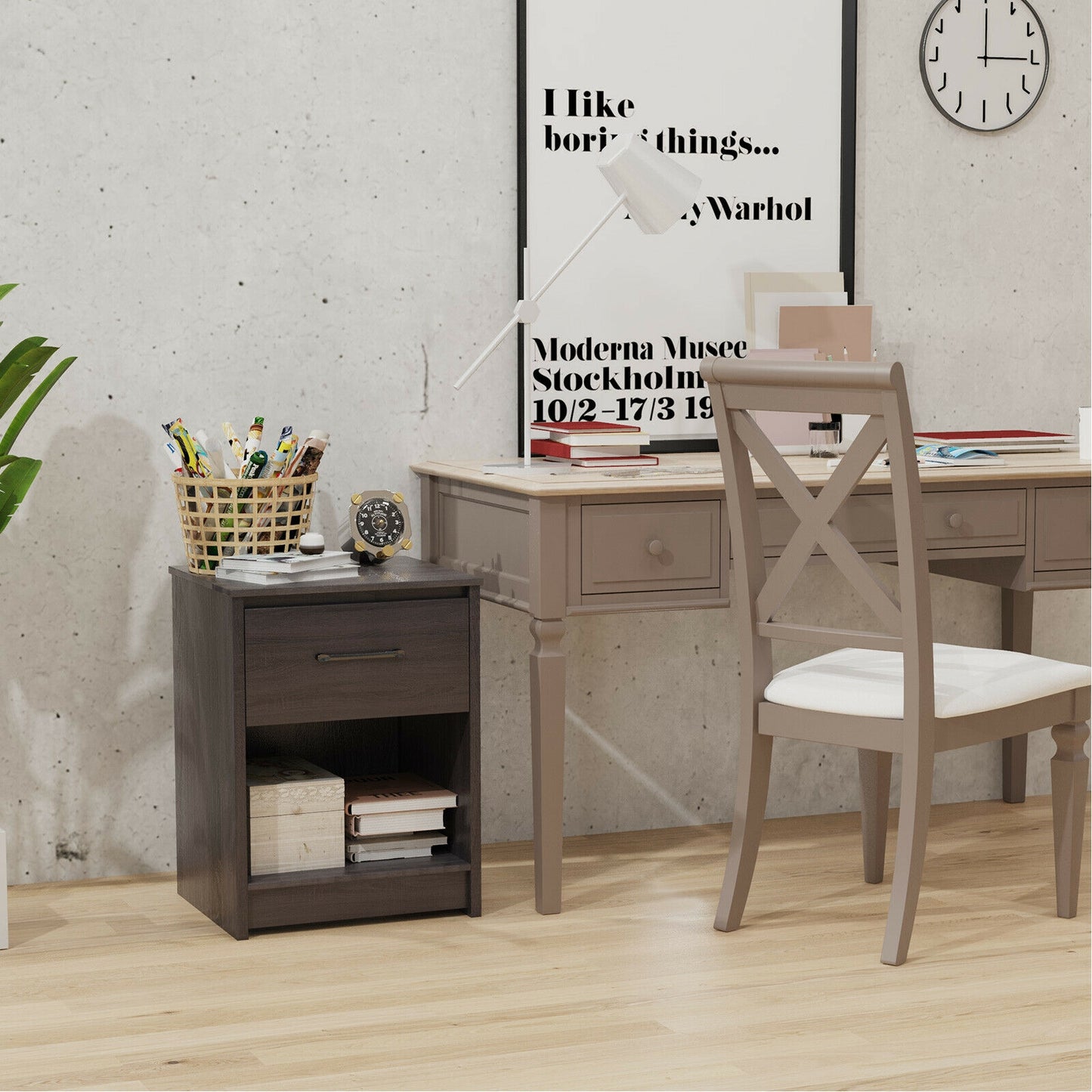 Wooden Nightstand with Drawer and Open Storage Shelf in Black Finish